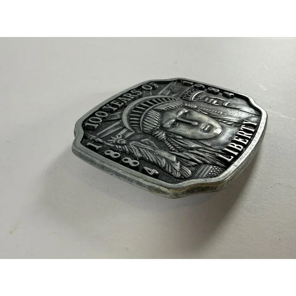 Vintage Liberty 1884-1984 Lady Liberty NYC Design Silver Tone Metal Belt Buckel